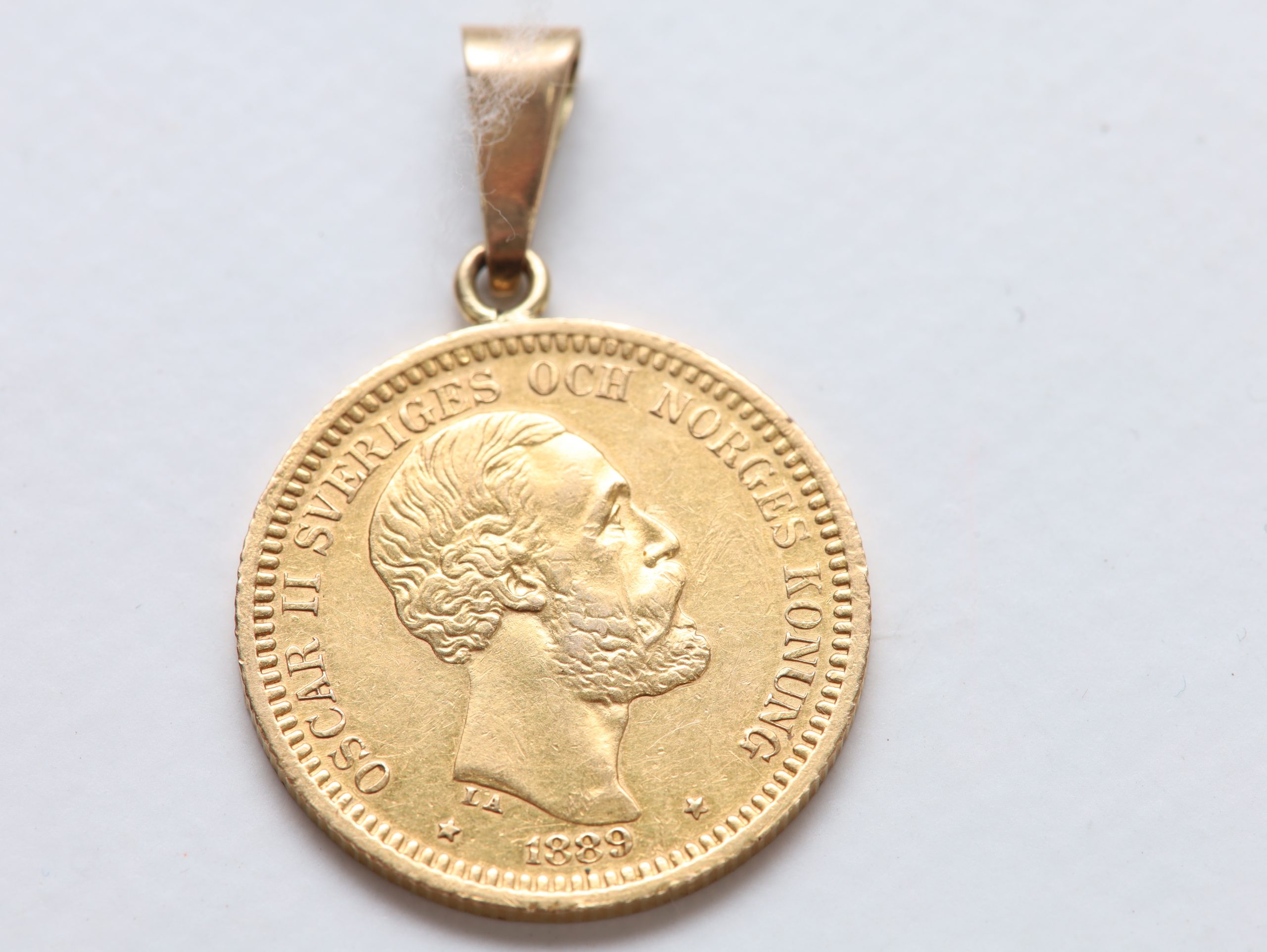 Svensk 20 kroner gullmynt 1889 – Oscar II – anheng med 14 kt gullfeste