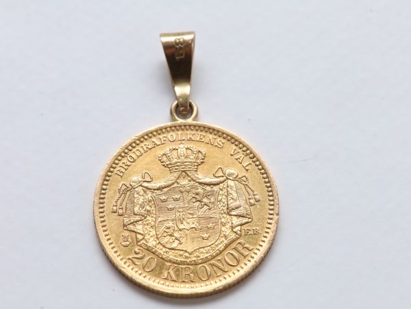 Svensk 20 kroner gullmynt 1889 – Oscar II – anheng med 14 kt gullfeste - Image 4