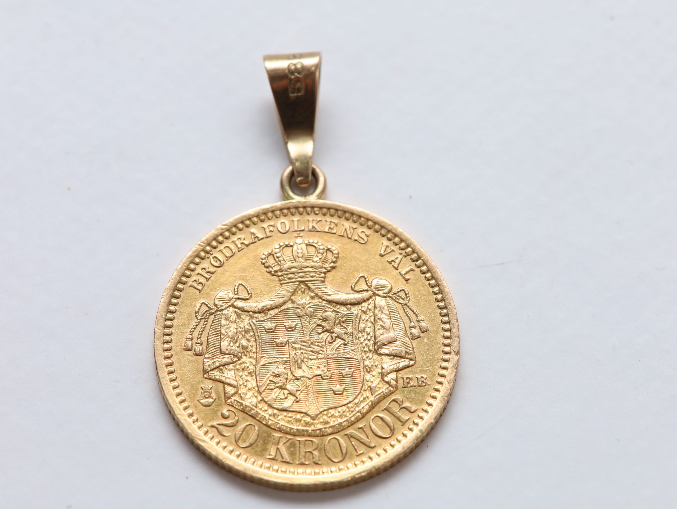 Svensk 20 kroner gullmynt 1889 – Oscar II – anheng med 14 kt gullfeste - Image 4