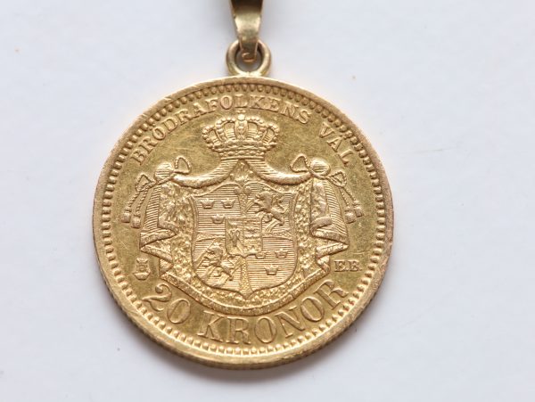 Svensk 20 kroner gullmynt 1889 – Oscar II – anheng med 14 kt gullfeste - Image 5