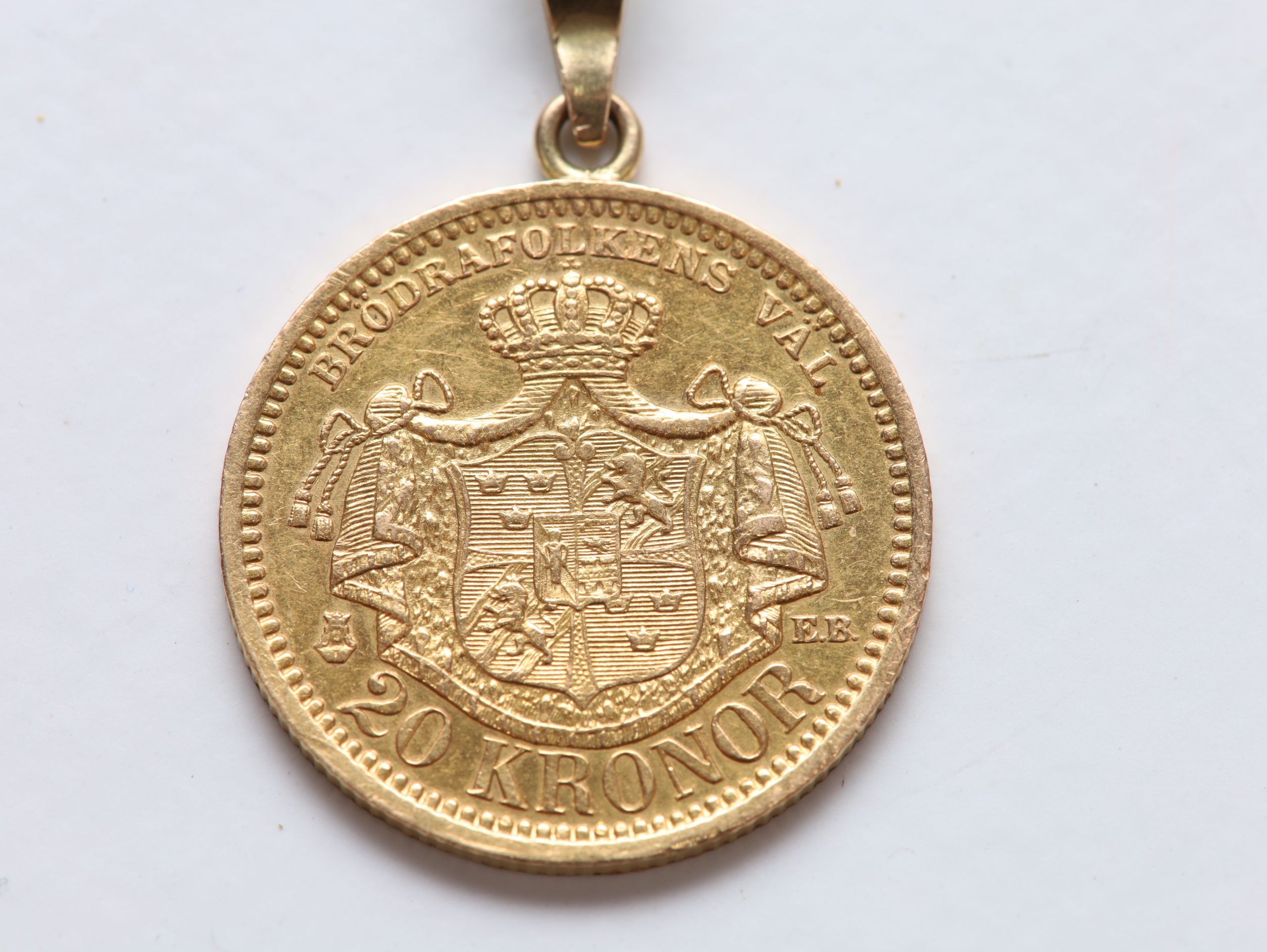 Svensk 20 kroner gullmynt 1889 – Oscar II – anheng med 14 kt gullfeste - Image 5